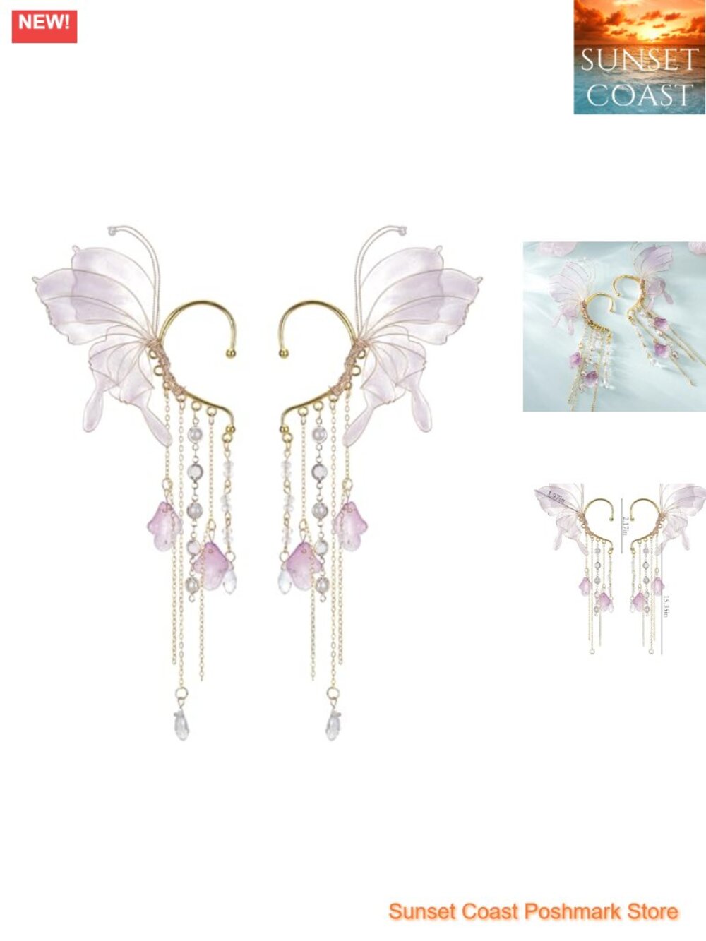 FRESHME Butterfly Elf Ear Cuffs Fairy Tassel Mermaid Ears Women Renaissance